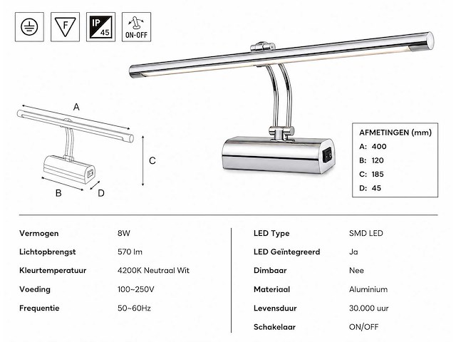 2 x led spiegel / schilderijlamp 8w – 4200k neutraal wit - chroom – ip45 – anka-8 - afbeelding 4 van  5