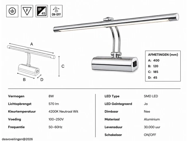 2 x led spiegel / schilderijlamp 8w – 4200k neutraal wit - chroom – ip45 – anka-8 - afbeelding 5 van  6
