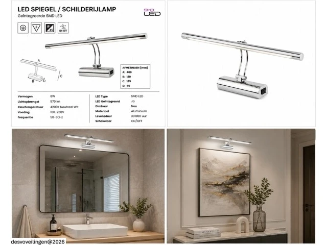 2 x led spiegel / schilderijlamp 8w – 4200k neutraal wit - chroom – ip45 – anka-8 - afbeelding 6 van  6