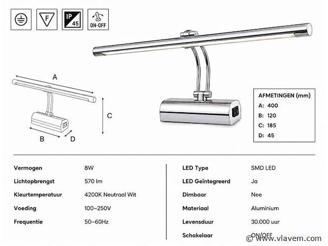 2 x led spiegel / schilderijlamp 8w – 4200k neutraal wit - chroom – ip45 – anka-8 - afbeelding 4 van  5