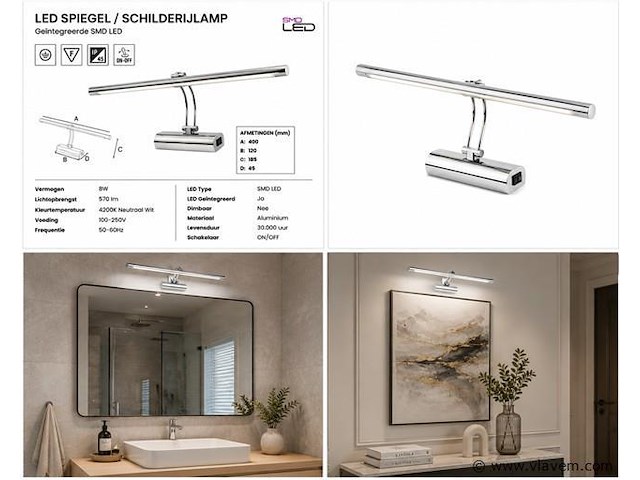 2 x led spiegel / schilderijlamp 8w – 4200k neutraal wit - chroom – ip45 – anka-8 - afbeelding 5 van  5