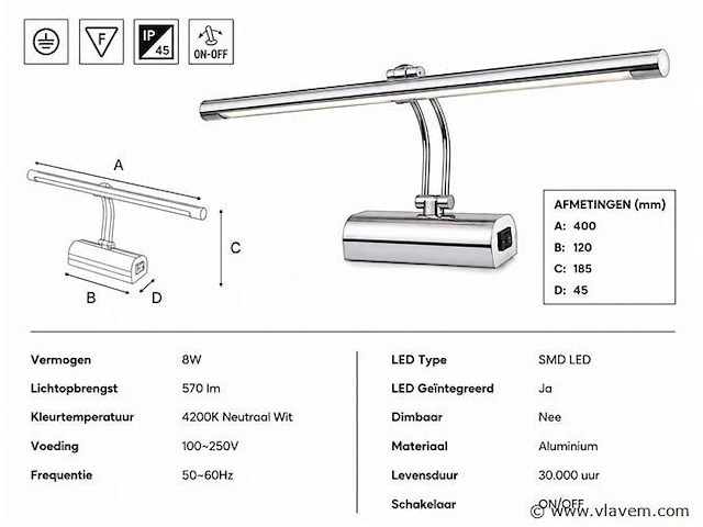 2 x led spiegel / schilderijlamp 8w – 4200k neutraal wit - chroom – ip45 – anka-8 - afbeelding 4 van  5