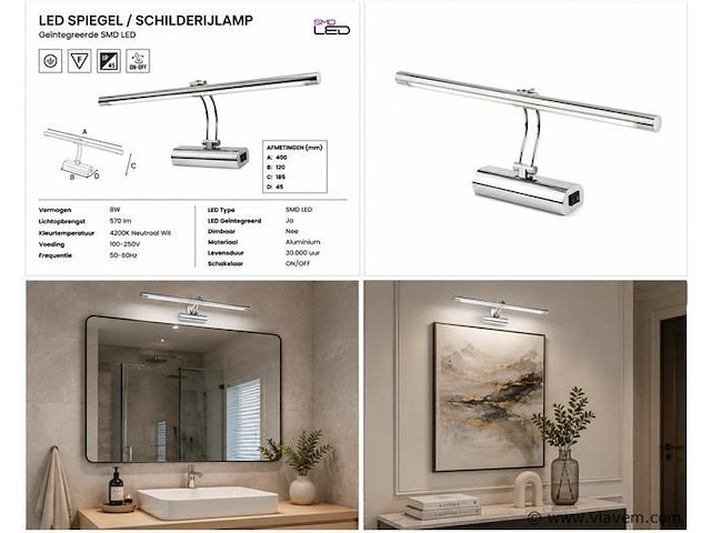 2 x led spiegel / schilderijlamp 8w – 4200k neutraal wit - chroom – ip45 – anka-8 - afbeelding 5 van  5