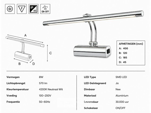 2 x led spiegel / schilderijlamp 8w – 4200k neutraal wit - chroom – ip45 – anka-8 - afbeelding 5 van  6