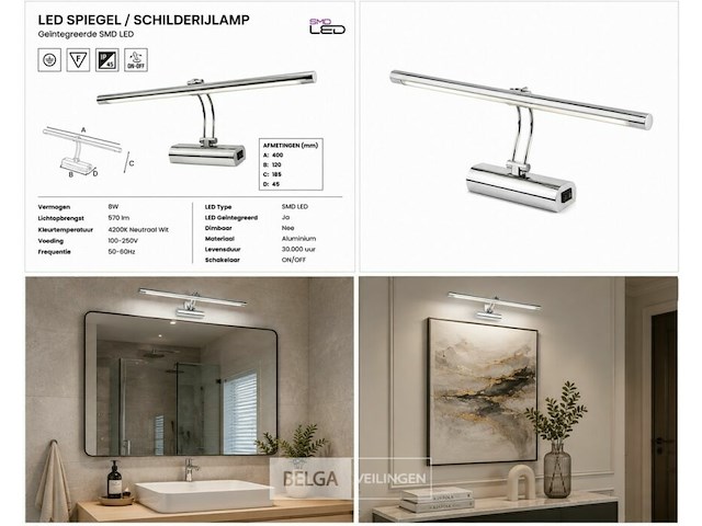 2 x led spiegel / schilderijlamp 8w – 4200k neutraal wit - chroom – ip45 – anka-8 - afbeelding 6 van  6