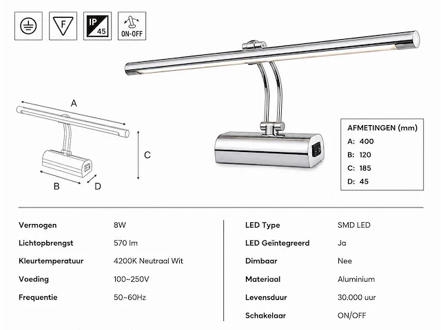 2 x led spiegel / schilderijlamp 8w – 4200k neutraal wit - chroom – ip45 – anka-8 - afbeelding 4 van  5
