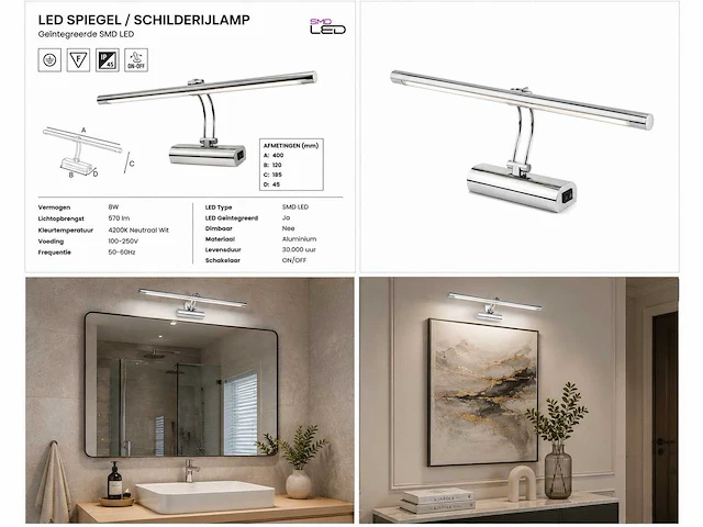 2 x led spiegel / schilderijlamp 8w – 4200k neutraal wit - chroom – ip45 – anka-8 - afbeelding 5 van  5