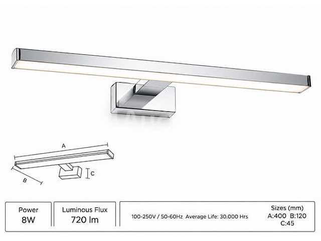2 x led spiegel / schilderijlamp 8w – 4200k neutraal wit - chroom – ip45 – leylek-8 - afbeelding 1 van  5
