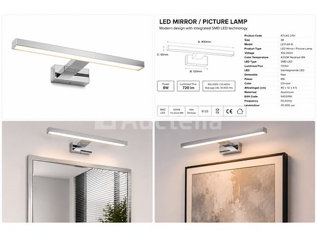 2 x led spiegel / schilderijlamp 8w – 4200k neutraal wit - chroom – ip45 – leylek-8 - afbeelding 4 van  5