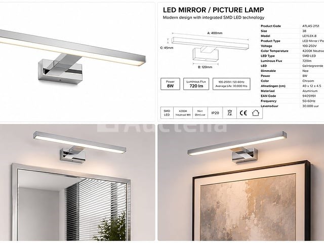 2 x led spiegel / schilderijlamp 8w – 4200k neutraal wit - chroom – ip45 – leylek-8 - afbeelding 3 van  5