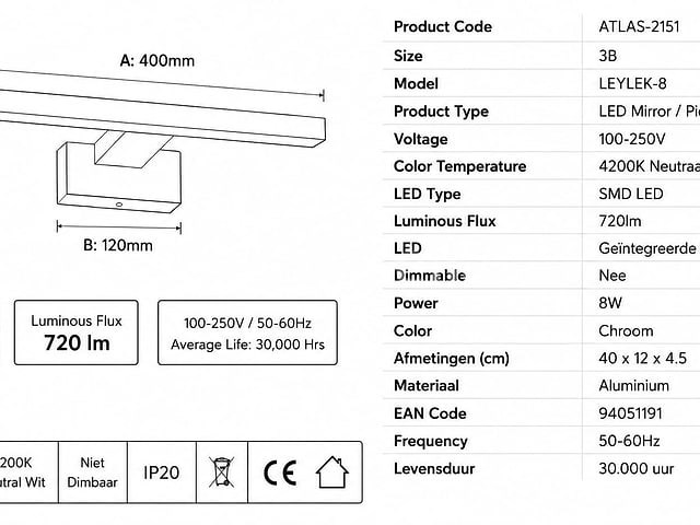 2 x led spiegel / schilderijlamp 8w – 4200k neutraal wit - chroom – ip45 – leylek-8 - afbeelding 5 van  5