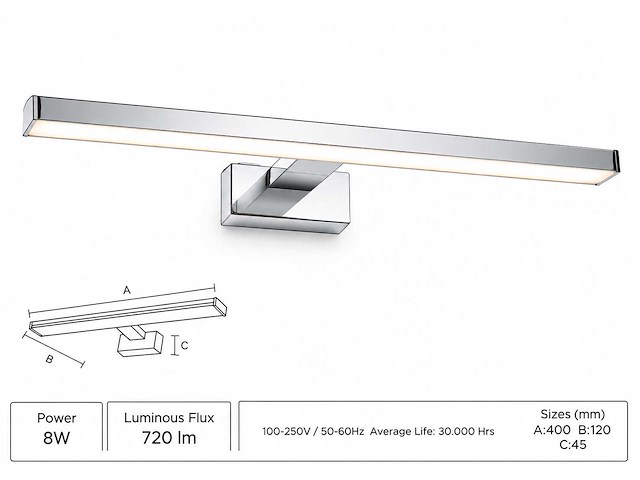 2 x led spiegel / schilderijlamp 8w – 4200k neutraal wit - chroom – ip45 – leylek-8 - afbeelding 2 van  5