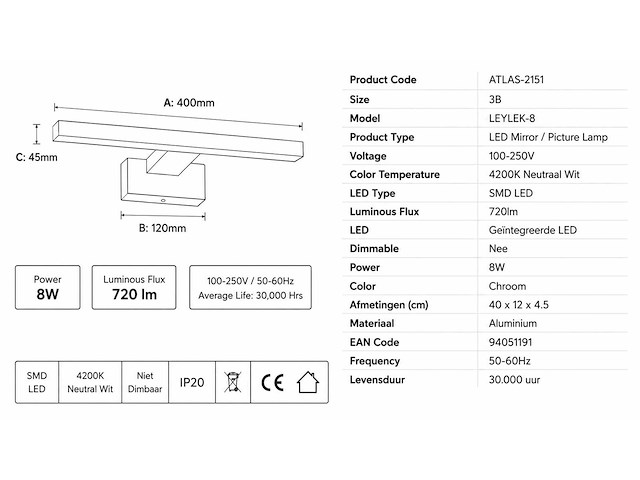 2 x led spiegel / schilderijlamp 8w – 4200k neutraal wit - chroom – ip45 – leylek-8 - afbeelding 4 van  5