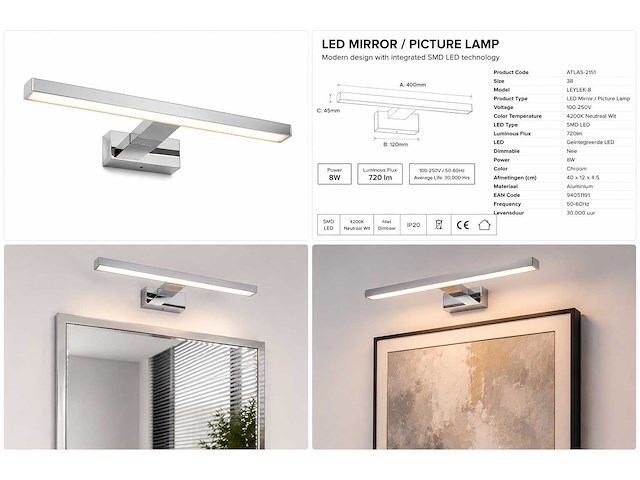 2 x led spiegel / schilderijlamp 8w – 4200k neutraal wit - chroom – ip45 – leylek-8 - afbeelding 5 van  5