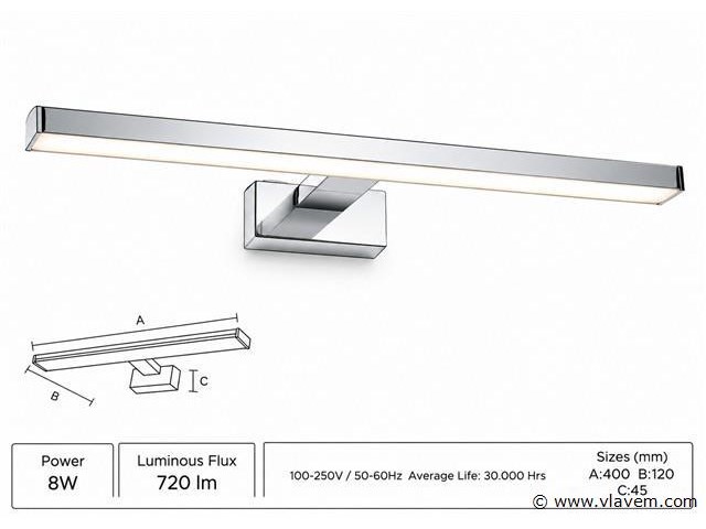 2 x led spiegel / schilderijlamp 8w – 4200k neutraal wit - chroom – ip45 – leylek-8 - afbeelding 2 van  5