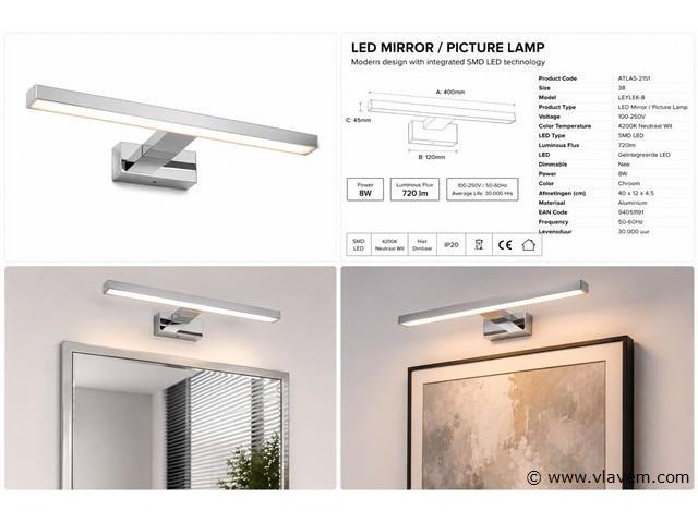 2 x led spiegel / schilderijlamp 8w – 4200k neutraal wit - chroom – ip45 – leylek-8 - afbeelding 5 van  5