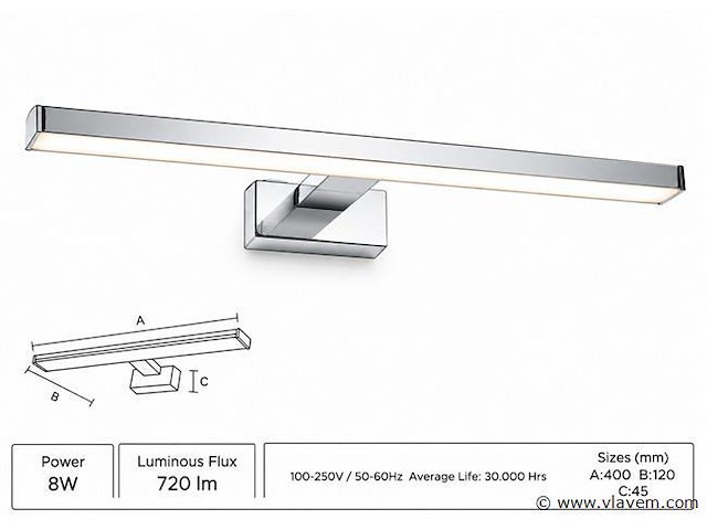 2 x led spiegel / schilderijlamp 8w – 4200k neutraal wit - chroom – ip45 – leylek-8 - afbeelding 2 van  5