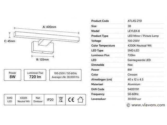 2 x led spiegel / schilderijlamp 8w – 4200k neutraal wit - chroom – ip45 – leylek-8 - afbeelding 4 van  5