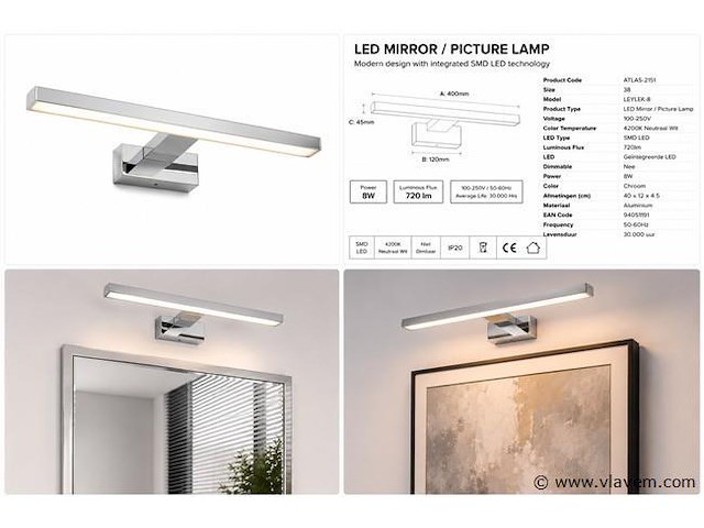 2 x led spiegel / schilderijlamp 8w – 4200k neutraal wit - chroom – ip45 – leylek-8 - afbeelding 5 van  5