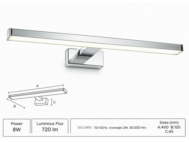 2 x led spiegel / schilderijlamp 8w – 4200k neutraal wit - chroom – ip45 – leylek-8 - afbeelding 3 van  6