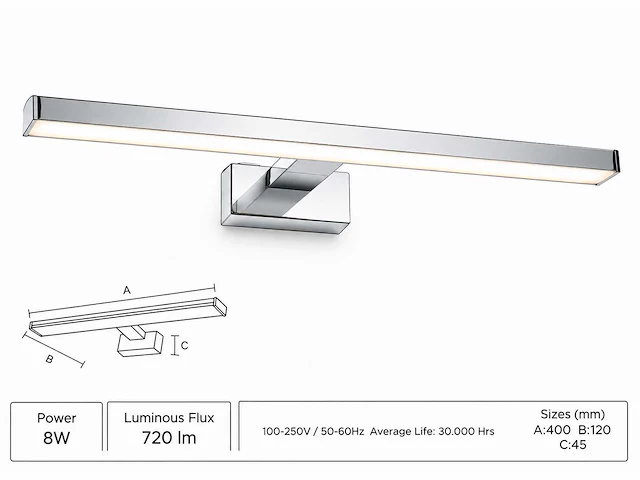 2 x led spiegel / schilderijlamp 8w – 4200k neutraal wit - chroom – ip45 – leylek-8 - afbeelding 2 van  5