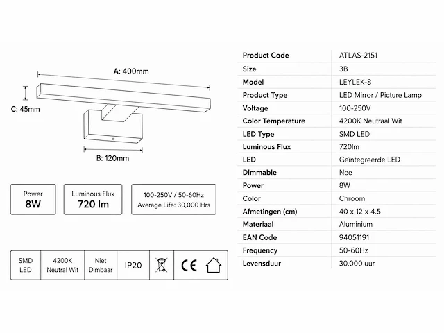 2 x led spiegel / schilderijlamp 8w – 4200k neutraal wit - chroom – ip45 – leylek-8 - afbeelding 4 van  5