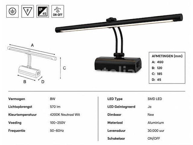 2 x led spiegel / schilderijlamp 8w – 4200k neutraal wit - zwart – ip45 – anka-8 - afbeelding 3 van  5