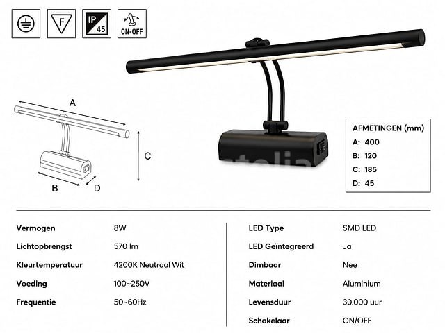 2 x led spiegel / schilderijlamp 8w – 4200k neutraal wit - zwart – ip45 – anka-8 - afbeelding 4 van  5
