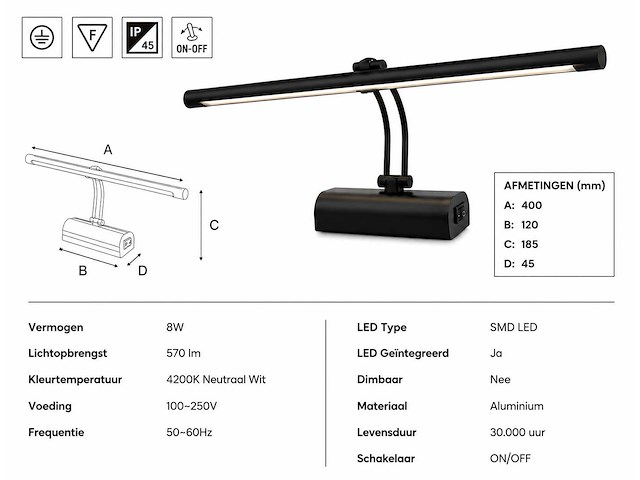 2 x led spiegel / schilderijlamp 8w – 4200k neutraal wit - zwart – ip45 – anka-8 - afbeelding 4 van  5