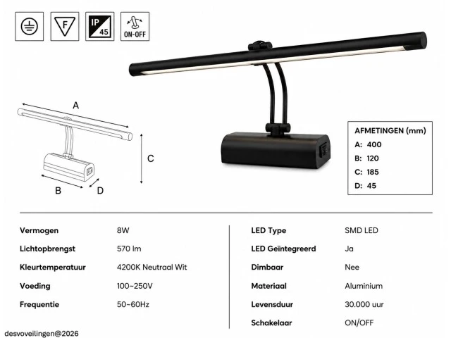 2 x led spiegel / schilderijlamp 8w – 4200k neutraal wit - zwart – ip45 – anka-8 - afbeelding 5 van  6