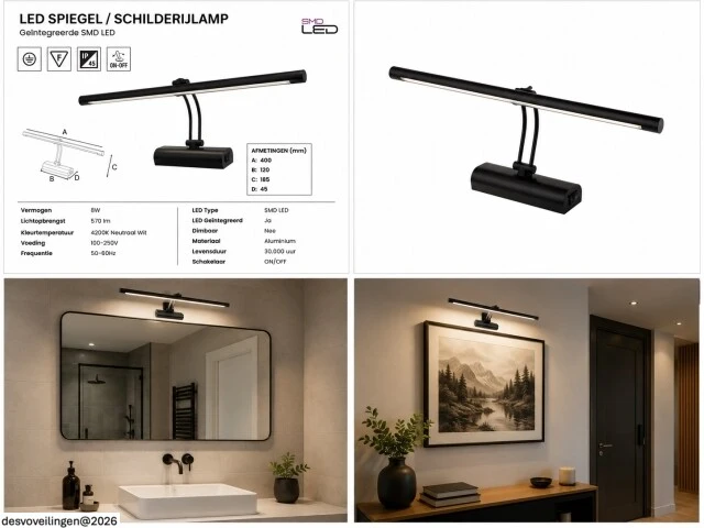 2 x led spiegel / schilderijlamp 8w – 4200k neutraal wit - zwart – ip45 – anka-8 - afbeelding 6 van  6