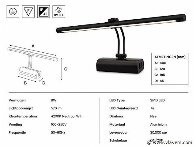 2 x led spiegel / schilderijlamp 8w – 4200k neutraal wit - zwart – ip45 – anka-8 - afbeelding 4 van  5