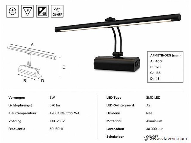 2 x led spiegel / schilderijlamp 8w – 4200k neutraal wit - zwart – ip45 – anka-8 - afbeelding 4 van  5