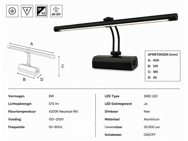 2 x led spiegel / schilderijlamp 8w – 4200k neutraal wit - zwart – ip45 – anka-8 - afbeelding 5 van  6