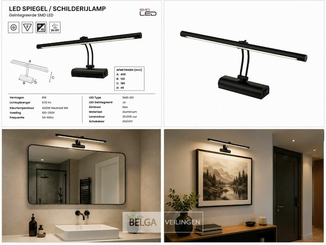 2 x led spiegel / schilderijlamp 8w – 4200k neutraal wit - zwart – ip45 – anka-8 - afbeelding 6 van  6