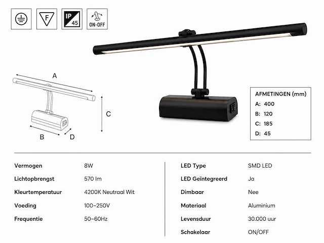 2 x led spiegel / schilderijlamp 8w – 4200k neutraal wit - zwart – ip45 – anka-8 - afbeelding 4 van  5