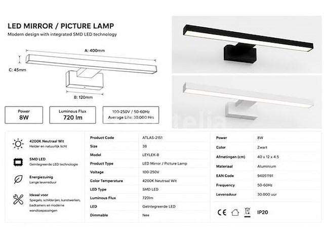 2 x led spiegel / schilderijlamp 8w – 4200k neutraal wit - zwart – ip45 – leylek-8 - afbeelding 4 van  5