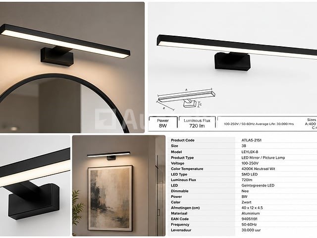 2 x led spiegel / schilderijlamp 8w – 4200k neutraal wit - zwart – ip45 – leylek-8 - afbeelding 3 van  5