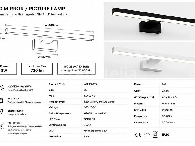 2 x led spiegel / schilderijlamp 8w – 4200k neutraal wit - zwart – ip45 – leylek-8 - afbeelding 4 van  5
