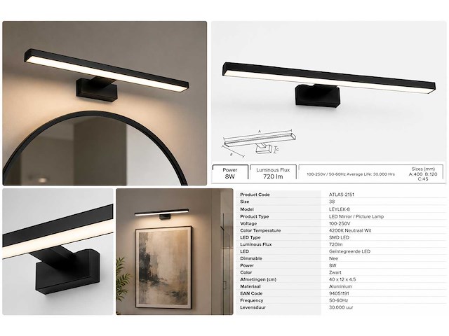 2 x led spiegel / schilderijlamp 8w – 4200k neutraal wit - zwart – ip45 – leylek-8 - afbeelding 2 van  2