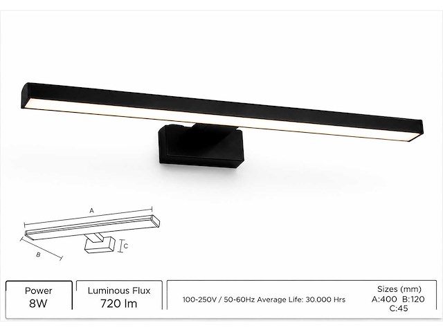 2 x led spiegel / schilderijlamp 8w – 4200k neutraal wit - zwart – ip45 – leylek-8 - afbeelding 2 van  5