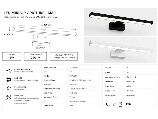 2 x led spiegel / schilderijlamp 8w – 4200k neutraal wit - zwart – ip45 – leylek-8 - afbeelding 4 van  5