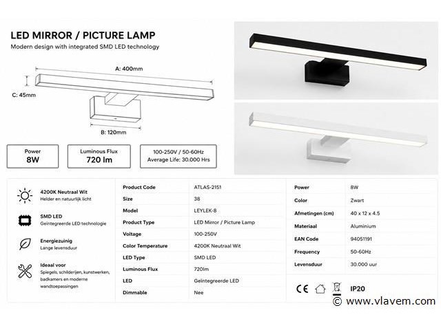 2 x led spiegel / schilderijlamp 8w – 4200k neutraal wit - zwart – ip45 – leylek-8 - afbeelding 4 van  5