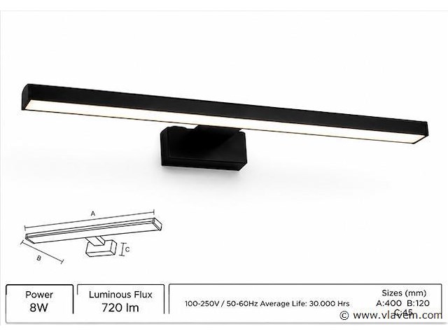 2 x led spiegel / schilderijlamp 8w – 4200k neutraal wit - zwart – ip45 – leylek-8 - afbeelding 2 van  5