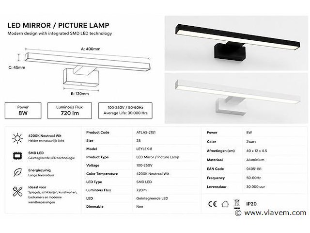 2 x led spiegel / schilderijlamp 8w – 4200k neutraal wit - zwart – ip45 – leylek-8 - afbeelding 4 van  5