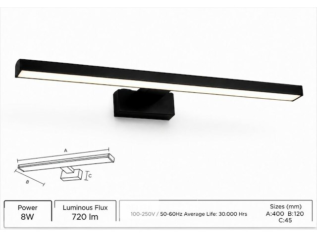 2 x led spiegel / schilderijlamp 8w – 4200k neutraal wit - zwart – ip45 – leylek-8 - afbeelding 3 van  6