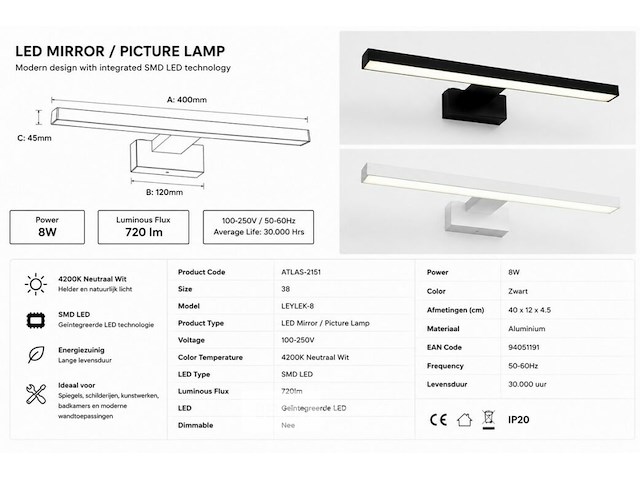 2 x led spiegel / schilderijlamp 8w – 4200k neutraal wit - zwart – ip45 – leylek-8 - afbeelding 5 van  6
