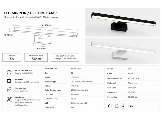 2 x led spiegel / schilderijlamp 8w – 4200k neutraal wit - zwart – ip45 – leylek-8 - afbeelding 4 van  5