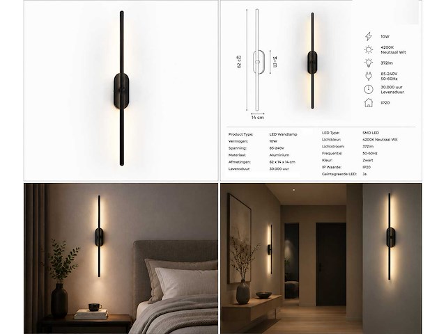 2 x led wandlamp 10w – 4200k neutraal wit - zwart – ip20 – salda-10 - afbeelding 11 van  15