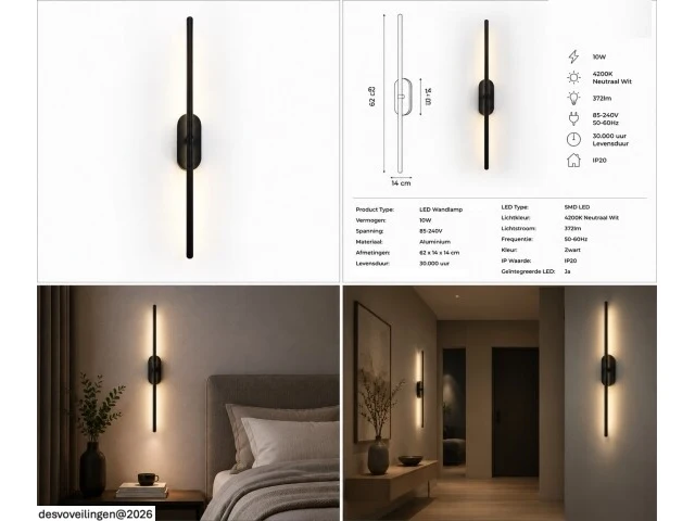 2 x led wandlamp 10w – 4200k neutraal wit - zwart – ip20 – salda-10 - afbeelding 6 van  6